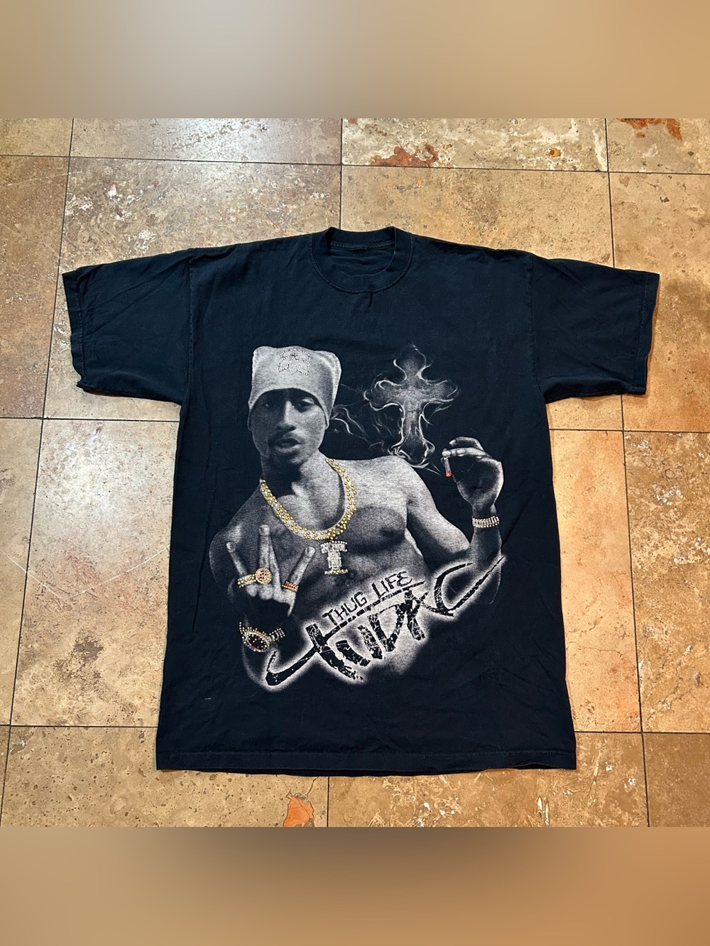 Vintage Tupac Shakur Thug Life Faded Graphic Bedazzle Hip Hop Rap Tee Shirt XL